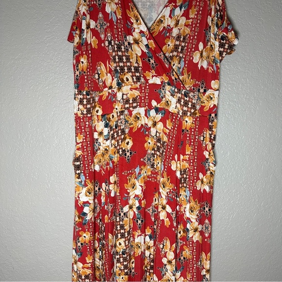 TORRID Women's Super Soft Orange Red Floral Cold Shoulder Surplice Maxi Dress‎ 1 - Picture 8 of 14